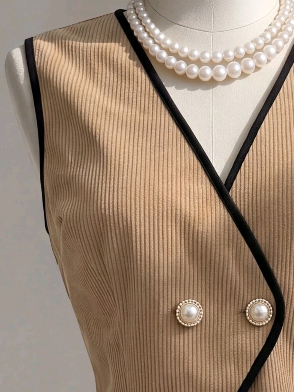 Gentle Khaki Corduroy Black Trim V-Neck Cropped Vest With Double - Picture 3 of 5
